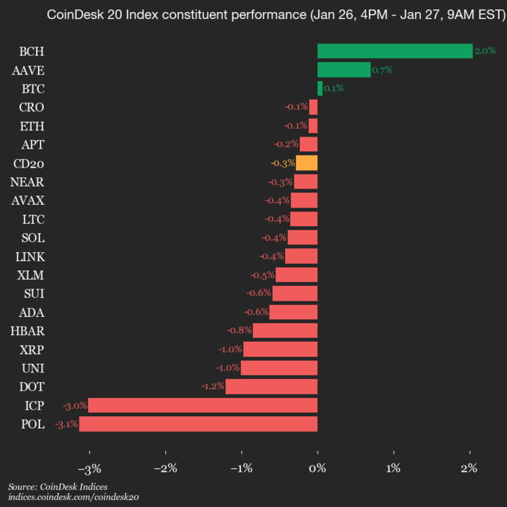 CoinDesk 20 指数表现更新：比特币现金 (BCH) 上涨 2%，而指数下跌