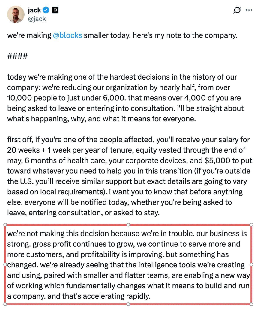 Jack Dorsey的公司，4000名白领正被AI淘汰