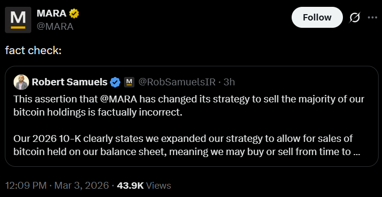 MARA控股澄清比特币持仓政策未改变