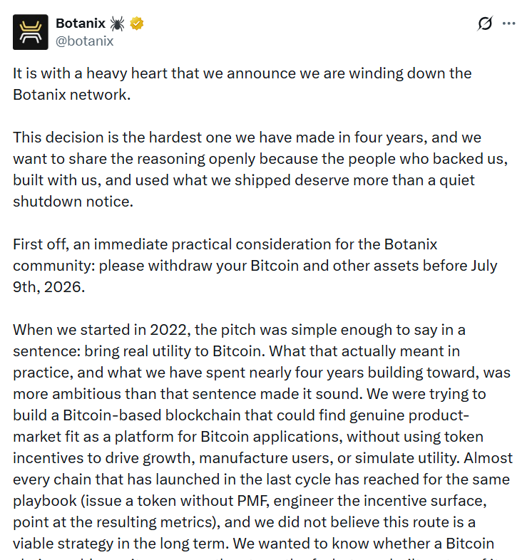 Botanix比特币扩展网络关停 用户须7月9日前提取资产