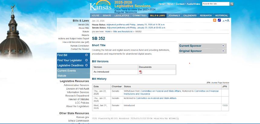 堪萨斯州拟立法设立州级比特币及数字资产储备基金
