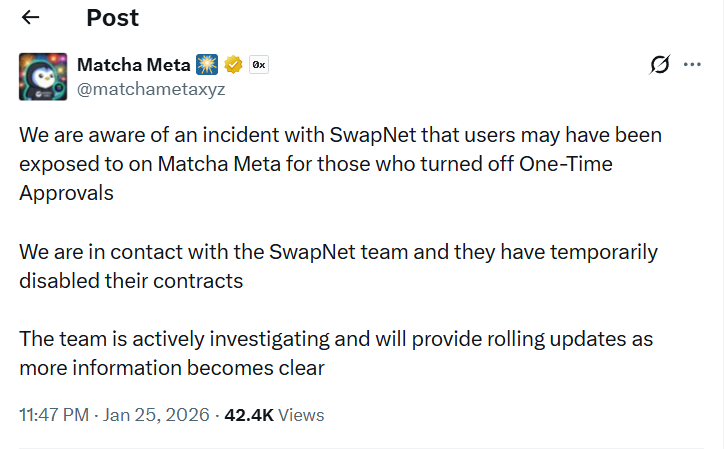  Matcha Meta 安全漏洞与 SwapNet 漏洞事件有关，资金损失高达 1,680 万美元 
