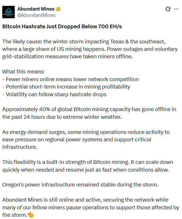 受美国冬季风暴影响，比特币（BTC）算力一度降至2025年中水平