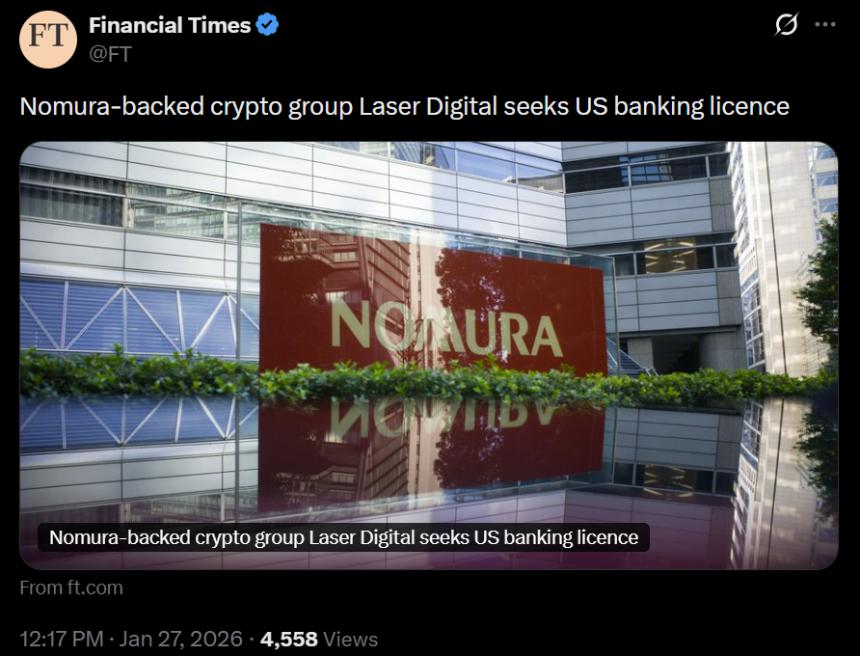 Laser Digital寻求美国银行牌照，Nomura控股助力加密货币银行业务拓展