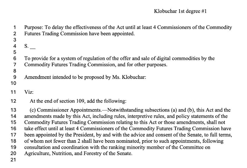  美国参议员将审议CFTC及其他加密货币市场结构法案修正案 