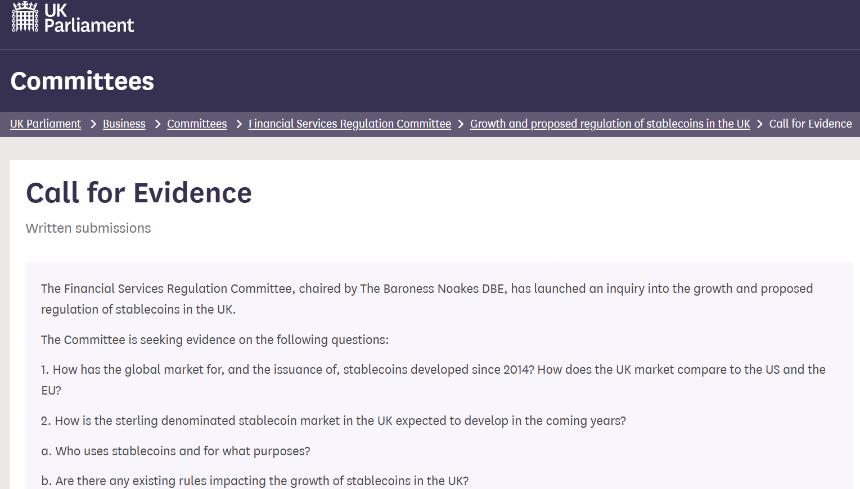  英国上议院启动稳定币调查，英格兰银行正着手敲定相关规则 