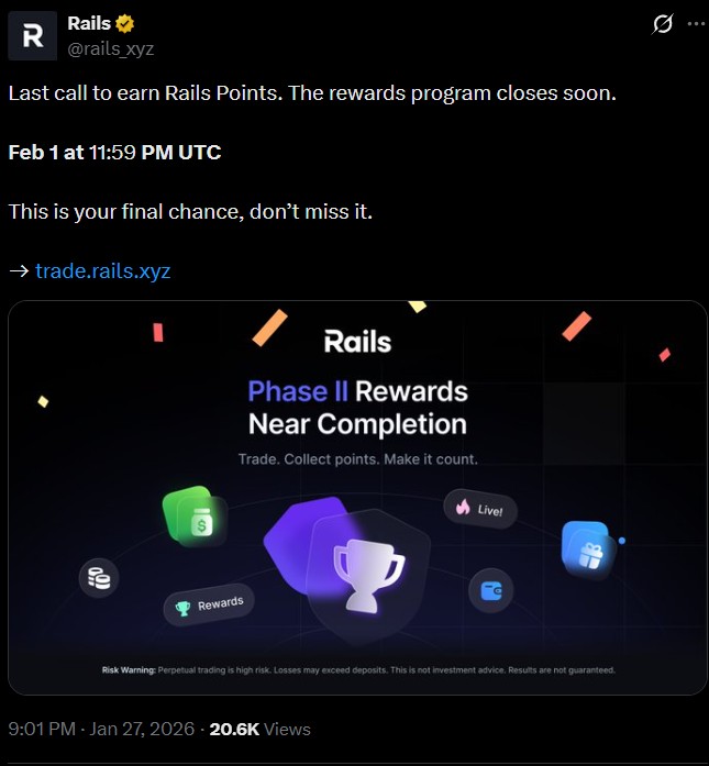  Rails 空投和 Kraken 上线：锁定 $RAILS 奖励的最后机会 