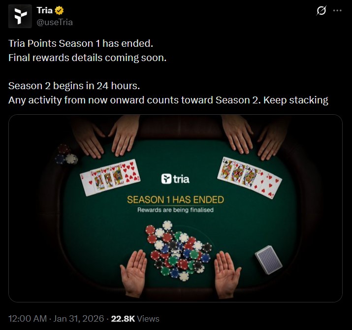 Tria空投第二季即将开始：你准备好获得新的$XP了吗？