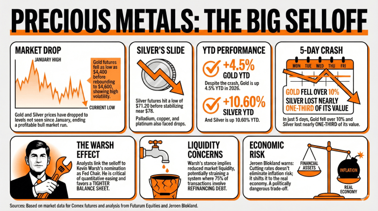 受沃什效应影响，黄金和白银价格持续下跌。