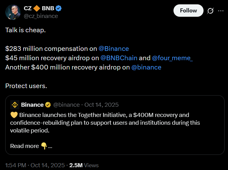  赵长鹏（CZ）否认币安加剧加密货币市场暴跌 