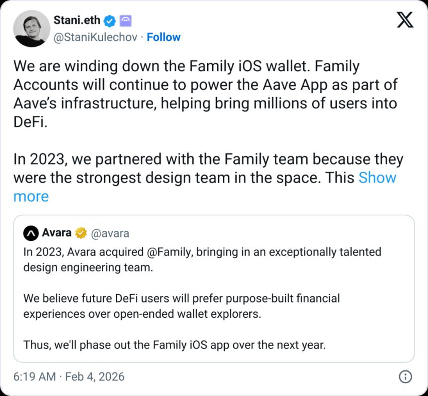 Aave终止Avara运营并关闭Family钱包，全面聚焦DeFi核心业务