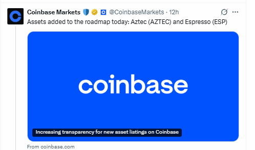 Espresso Tokenomics将在Coinbase路线图之后上线：ESP即将上线？