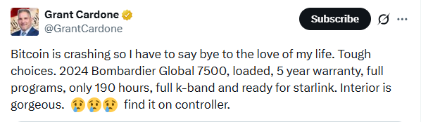 Grant Cardone 出售飞机后，其比特币策略引发争议