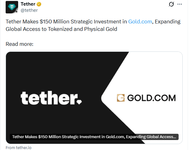  Tether Gold.com 的投资信号表明其将大力进军代币化黄金领域。 
