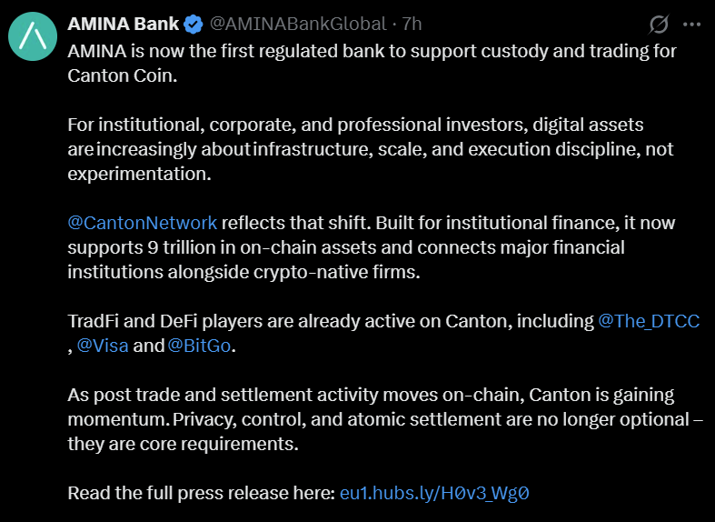 Amina银行拓展Canton Coin托管服务，加速机构代币化金融布局