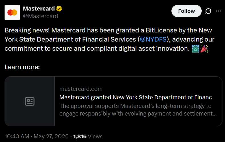 万事达获纽约BitLicense许可 加码数字资产基础设施布局