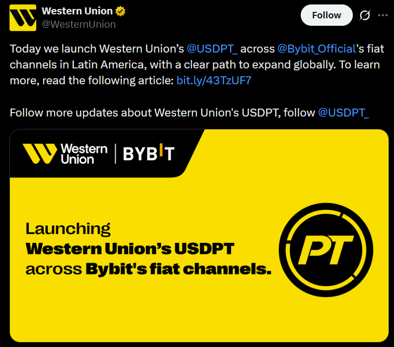 西联汇款USDPT稳定币登陆Bybit，支付巨头加速布局数字美元