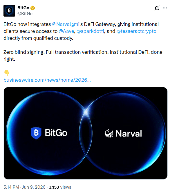 BitGo整合Narval拓展机构DeFi接入路径