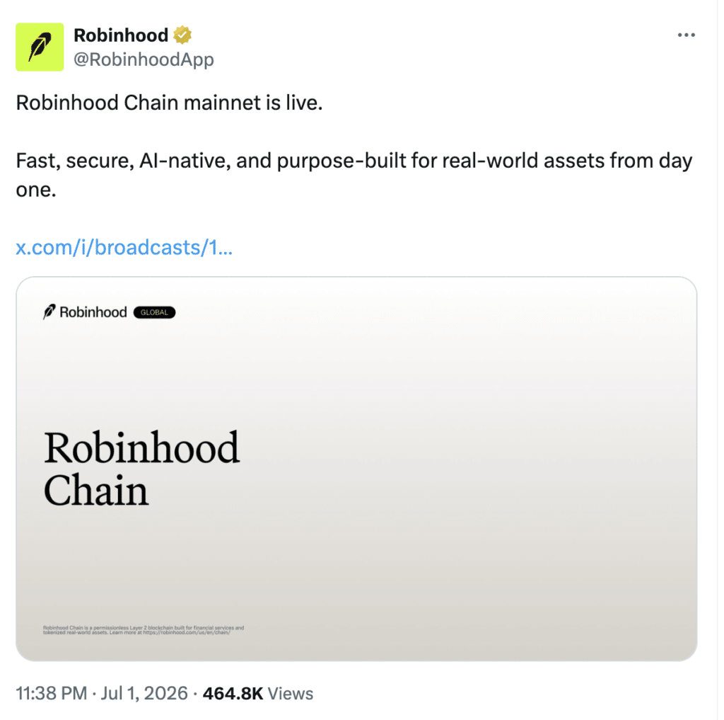 Robinhood Layer 2 主网上线：代币化股票与RWA交易新纪元